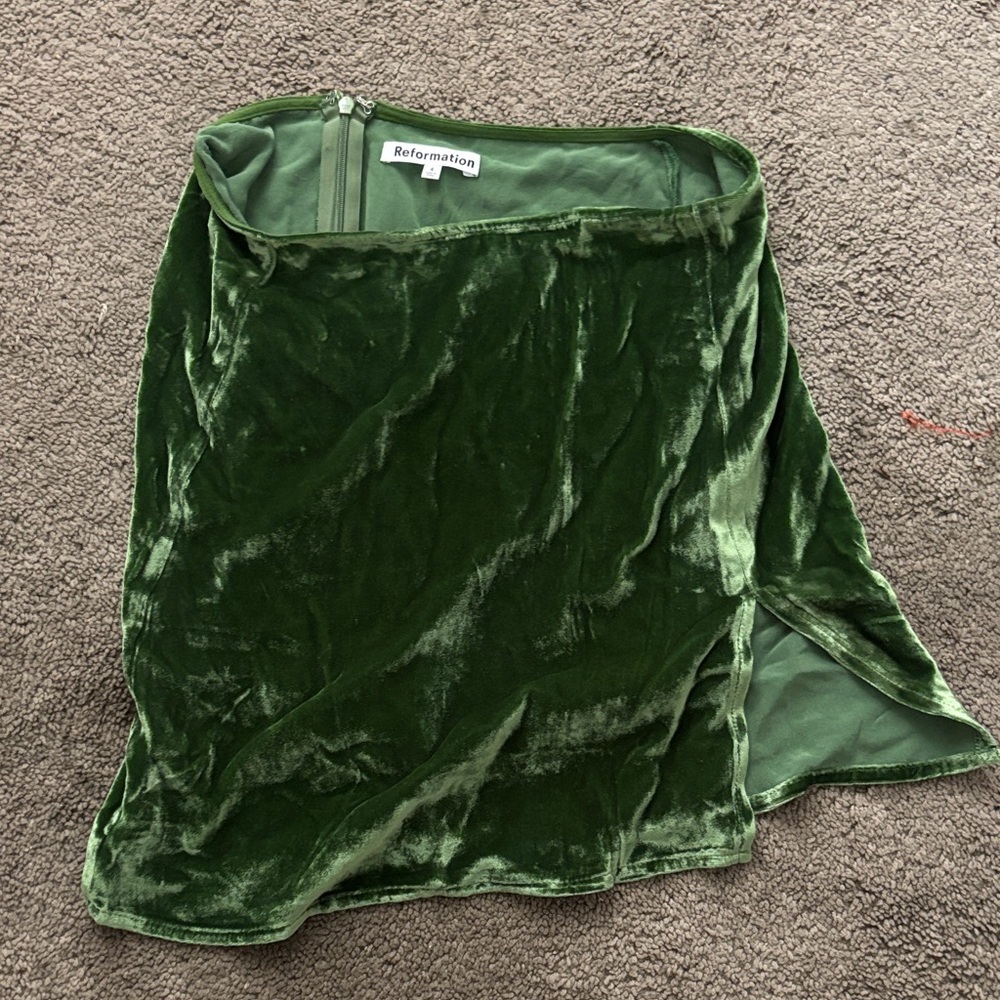 Reformation Emerald Velvet Mini Skirt